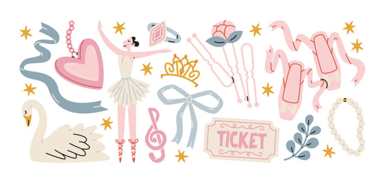 Ballet dance theater stickers with classical performance elements including ballerina, pointe shoes, swan and ribbon, graceful choreography symbols and stage performance accessories for ballet 