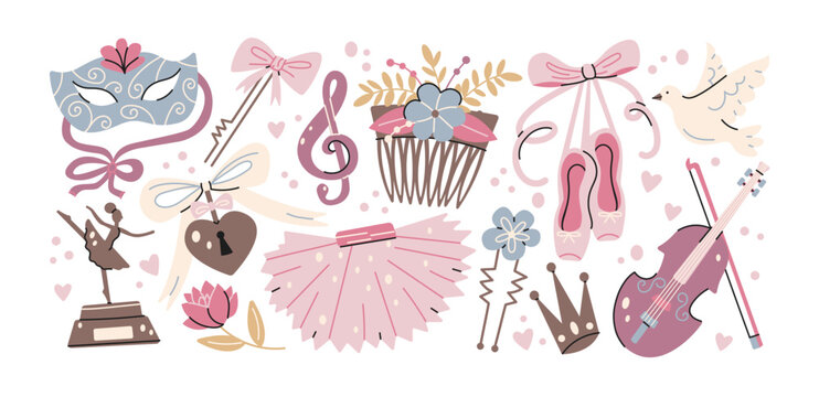 Ballet dance theater stickers with classical performance elements including ballerina, pointe shoes, swan and ribbon, graceful choreography symbols and stage performance accessories for ballet 