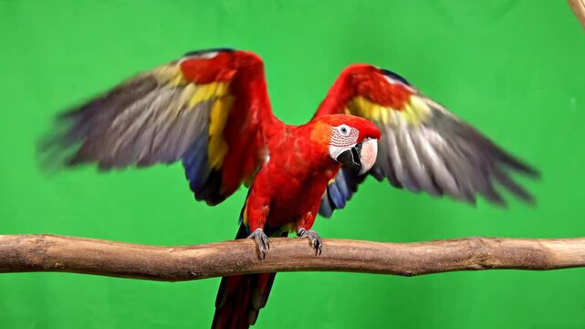 Vibrant red macaw parrot with wings spread wide, perched on a wooden branch against a bright green screen background, showcasing its colorful plumage.