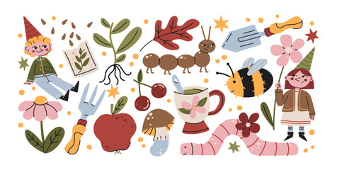 Naklejka premium Garden cozy fairytale stickers with kids gnomes plants watering tools insects and harvest elements, home gardening lifestyle and nature care objects in doodle playful composition