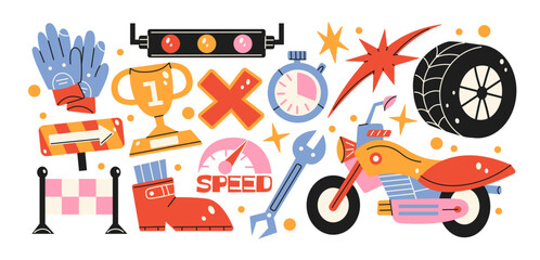 Motorsport racing stickers with motorcycle competition elements including helmet, trophy, racing track, tires and speed symbols for motorbike sport events. Cartoon racing shapes for moto competition  © Limpreom