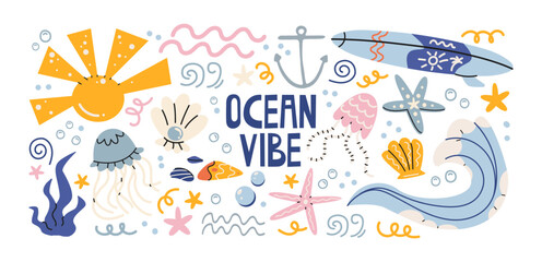 Obraz premium Ocean beach stickers with marine life and seaside activity elements, waves, surfboard, jellyfish and starfish, underwater sea creatures and coastal vacation vibes for summer ocean lifestyle