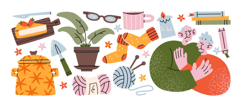 Old age lifestyle stickers in retro cartoon style. Elderly couple characters, knitting yarn, houseplant, socks, candle, tea mug and cozy home hobby elements. Happy retirement graphics, grandma 