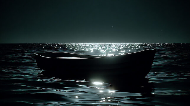 A lone boat floating gracefully on a tranquil sea under a luminous sky, evoking a sense of serenity and mystery.