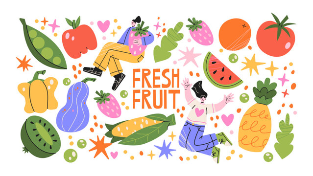 Fresh fruits stickers with people characters holding pineapple, watermelon, kiwi, tomato, corn and berries, healthy eating lifestyle and juicy summer food elements in bright playful juice composition
