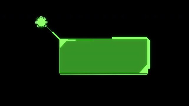 Futuristic green hud callout panel with circular pointer and digital sci fi information interface animation on black background