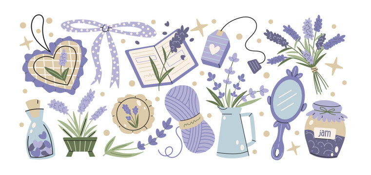Lavender themed stickers with rustic Provence aesthetics and cozy handmade objects. Lavender flowers, bouquet, jar with jam, teapot, yarn ball, ribbon, mirror, labels, vintage home comfort