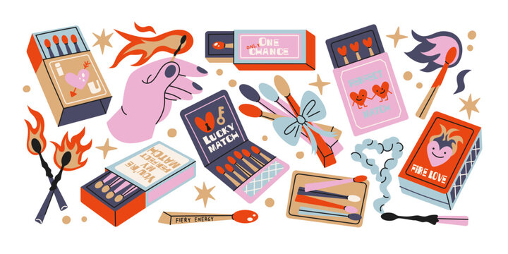 Vintage matchbox stickers in retro cartoon style. matches, matchsticks, flame, fire, lucky card, lips box, burning sticks, match packaging elements, smoking accessories objects, playful groovy doodle 