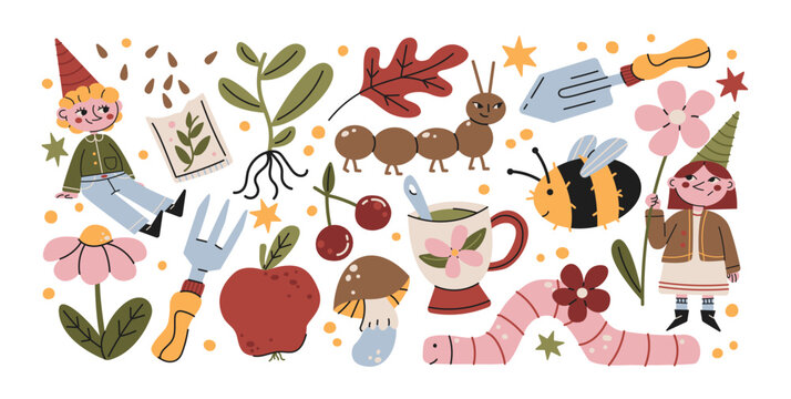 Garden cozy fairytale stickers with kids gnomes plants watering tools insects and harvest elements, home gardening lifestyle and nature care objects in doodle playful composition
