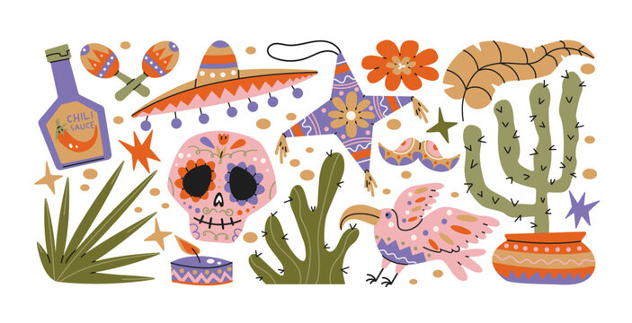 Mexican fiesta stickers with traditional symbols and desert elements. sombrero, maracas, cactus, chili sauce, skull, guitar, agave, colorful ornaments, mexican culture celebration holiday decoration