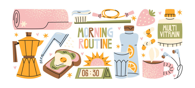 Morning routine stickers with daily habits and self care objects. coffee maker, toothbrush, vitamins, breakfast toast with egg, juice, water, mug, alarm clock, healthy lifestyle morning habits 