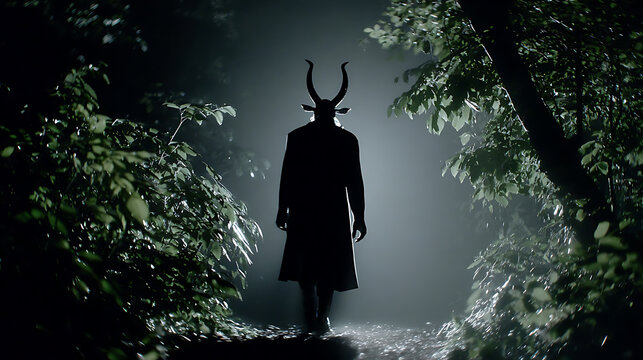 A shadowy figure stands in a dark forest, silhouetted against a mysterious light, with a horned mask on its head. The figure appears mysterious, beckoning viewers to unravel the enigma it poses.
