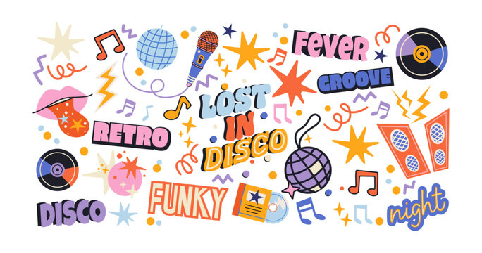 Retro disco party stickers in 90s style. Music elements: vinyl records, DJ turntables, speakers, headphones, smiley icons, abstract shapes. Nostalgic dance party concept inspired by nineties culture