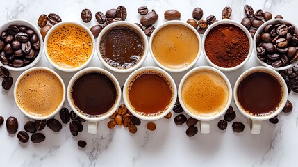 Ten cups of various coffee types, beans & powder.