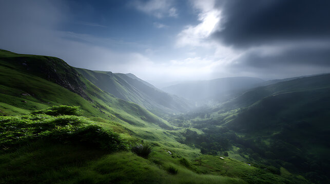 A breathtaking mountain landscape under a moody sky, showcasing a lush valley and rugged terrain. The light plays across the scene, creating a sense of depth and scale