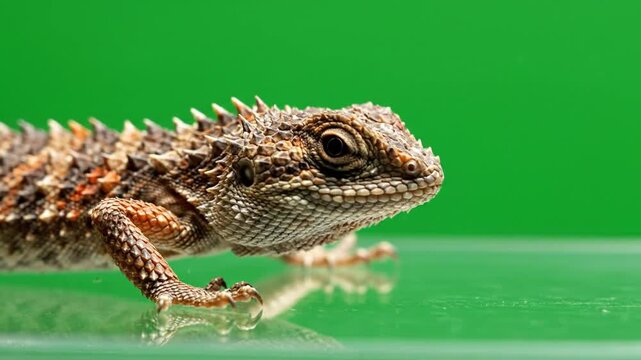 Close-up of a brown and orange spiky lizard against a vibrant green background, showcasing its detailed scales and watchful eye.