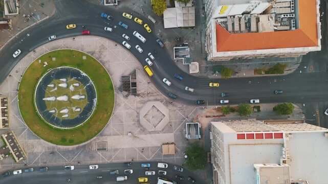 Aerial view of busy Omonia Square, Athens, with vibrant city life