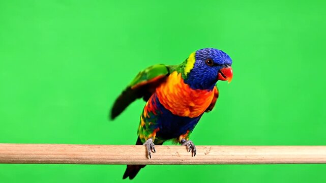Vibrant rainbow lorikeet parrot with colorful feathers perched on a wooden stick against a bright green background.