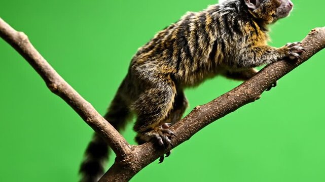 A small, furry monkey with a long tail climbs a tree branch against a vibrant green background.