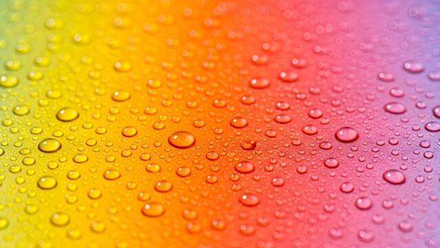 Vibrant water droplets on a colorful surface