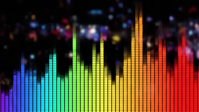 Vibrant rainbow colored o equalizer bars moving on a dark background with bokeh