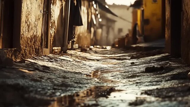 Narrow Alleyway with Old Stone Pavement and Architecture.