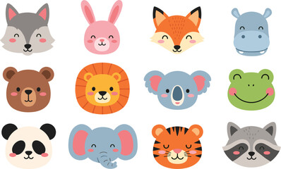 Adorable wild animal face collection featuring lion panda elephant fox and koala avatars, cute zoo animal head stickers for kids.