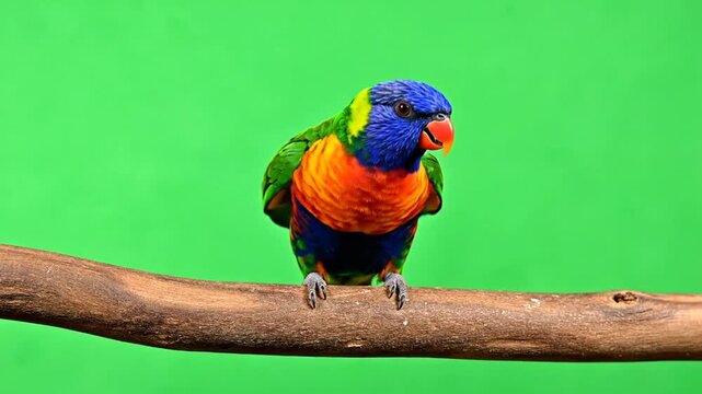 A vibrant rainbow lorikeet parrot perched on a wooden branch against a bright green background.