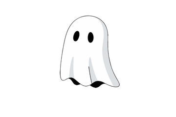 Obraz premium Cute floating white ghost cartoon character with shadow isolated on white background.