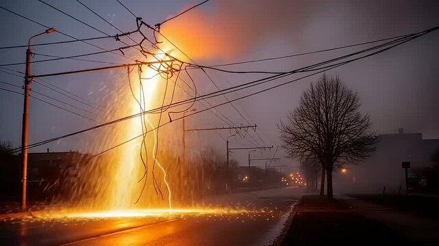Power Lines Short Circuiting in Stormy Weather.
