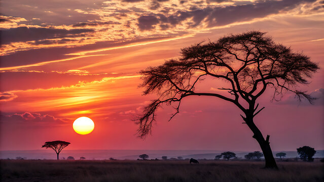 Dramatic African savanna sunset with lone tree and wildlife at golden hour