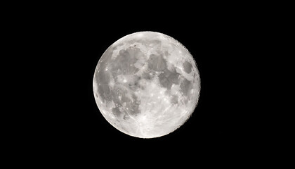 Fototapeta premium Full moon close up in night sky with detailed craters and soft glow isolated black background