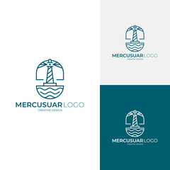 Lighthouse logo and water wave design combination, line style