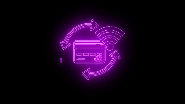 Neon purple illustration of a smart card with arrows and wireless signals on a black background with a glowing effect.