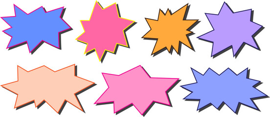 Comic starburst shapes vector set, colorful explosion speech bubble collection, pop art boom bursts, jagged sticker labels © Satou Akira