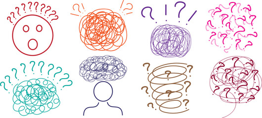 Confusion and question concept hand drawn doodle collection vector set, tangled scribble thoughts and interrogation symbols isolated design