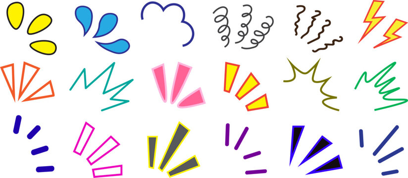 Comic style decorative elements vector set, colorful burst shapes, lightning bolts, doodle lines and abstract accents