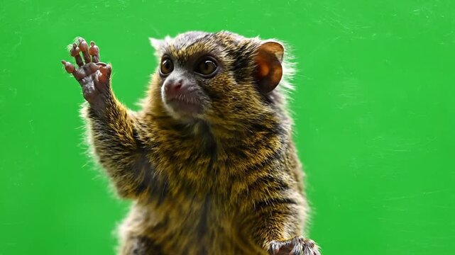 A small brown and black striped monkey with large eyes raises its hand against a vibrant green background.