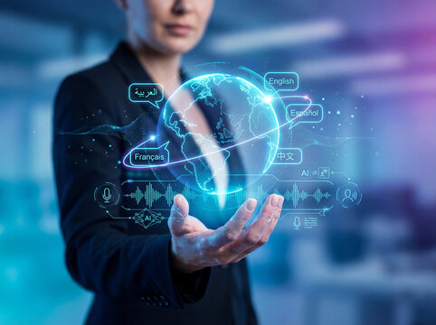 Businesswoman interacting with a holographic globe displaying AI language translation and global communication technology for international business.