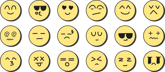 Cute yellow emoji faces collection flat vector illustration set isolated