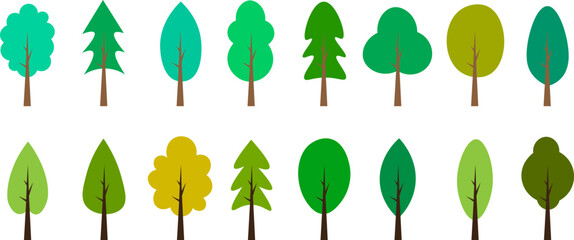 Flat green tree collection vector set, various forest and park tree icons isolated design