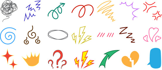 Hand drawn colorful doodle symbols and comic elements set vector illustration