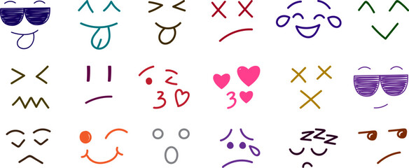 Hand drawn emoji expression icon set vector collection, colorful facial elements with eyes mouth hearts and tears