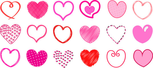 Hand drawn heart shapes set with pink and red love symbols