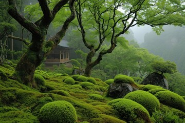 Fototapeta premium Minimal japanese style garden vegetation landscape outdoors.