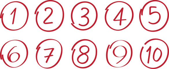 Hand drawn numbers 1 to 10 in red circles vector illustration set doodle style