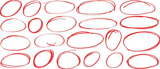 Hand drawn red circle highlight set, marker pen oval scribble collection