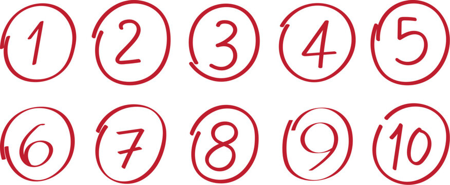 Hand drawn numbers 1 to 10 in red circles vector illustration set doodle style