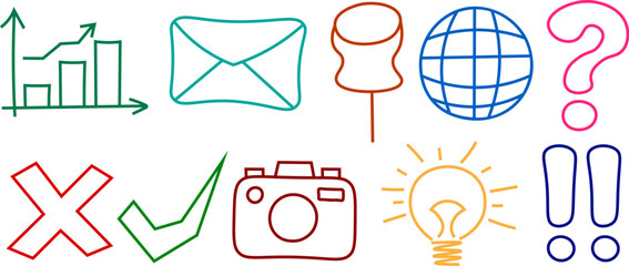 Outline doodle business and web icons set chart envelope globe camera check mark cross vector