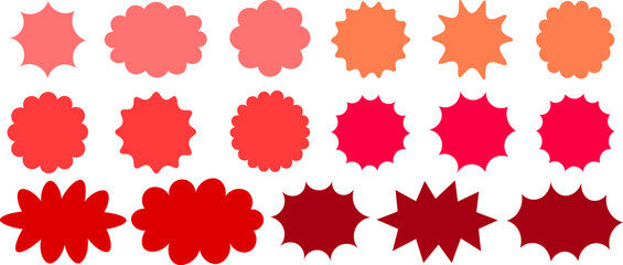 Red and orange comic burst shapes collection vector, flat starburst badge set